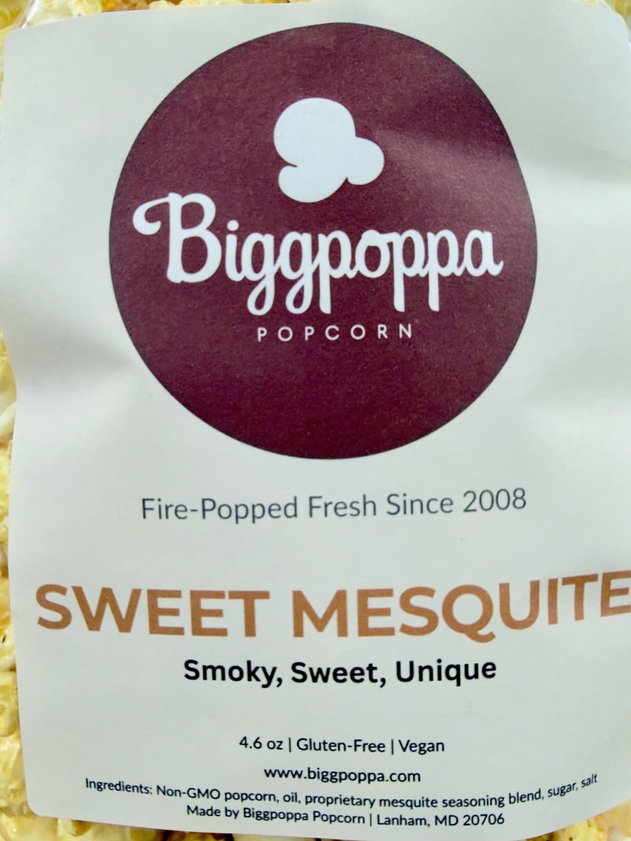 Sweet Mesquite packaging with Biggpoppa Popcorn branding and product details.