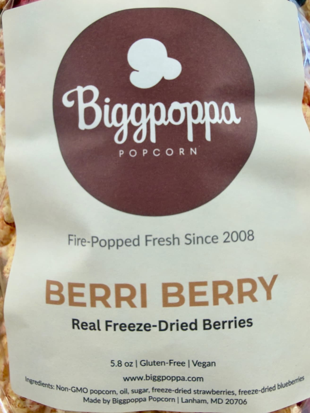 Berri Berry packaging with Biggpoppa Popcorn branding and product details.