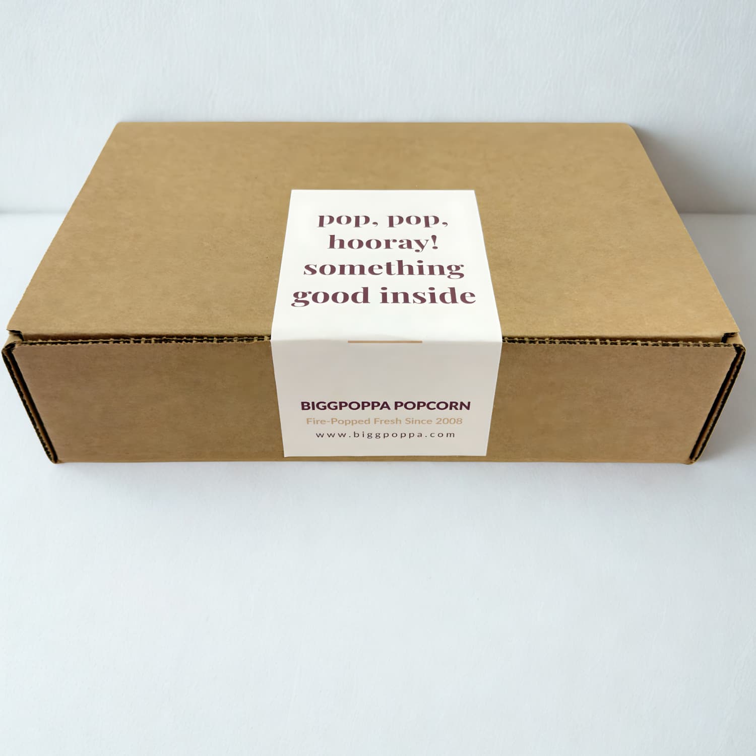 Snack Pack box with a Biggpoppa Popcorn label on a white background