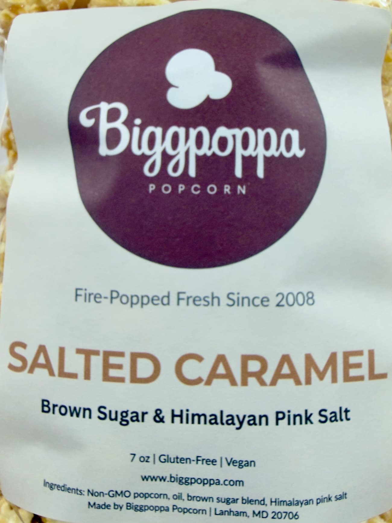 Salted Caramel packaging with Biggpoppa Popcorn branding and product details.